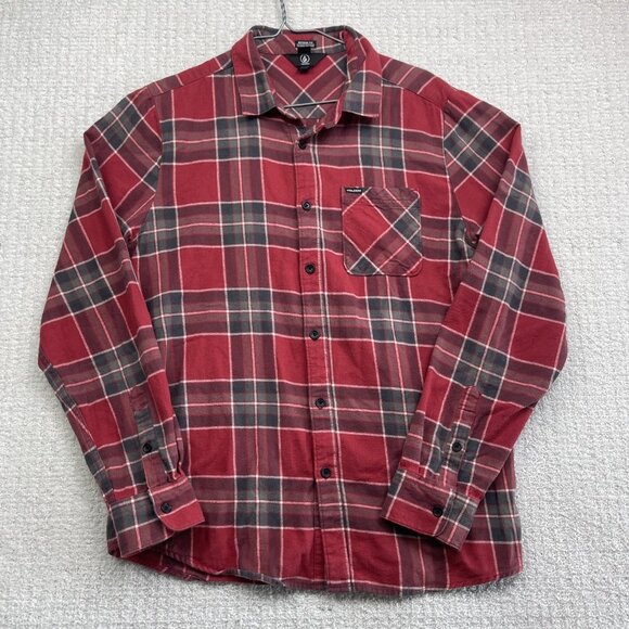 Volcom Red and Black Modern Fit Plaid Flannel Button Up Shirt Men’s Size Large - Picture 1 of 12